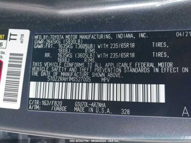 Photo 8 VIN: 5TDZZRAH1MS527005 - TOYOTA HIGHLANDER 