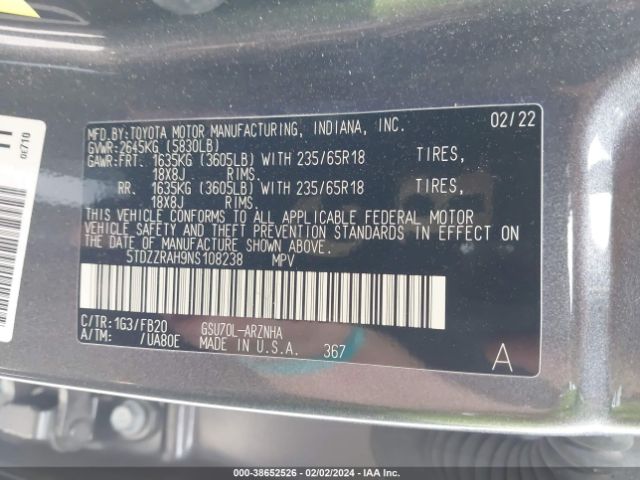 Photo 8 VIN: 5TDZZRAH9NS108238 - TOYOTA HIGHLANDER 