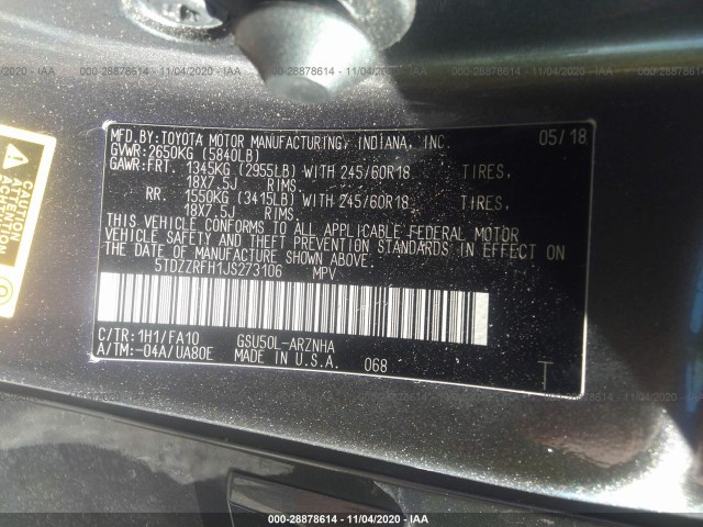 Photo 8 VIN: 5TDZZRFH1JS273106 - TOYOTA HIGHLANDER 