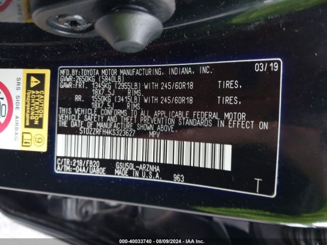 Photo 8 VIN: 5TDZZRFH4KS323627 - TOYOTA HIGHLANDER 