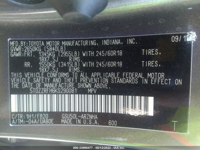 Photo 8 VIN: 5TDZZRFH6KS290081 - TOYOTA HIGHLANDER 