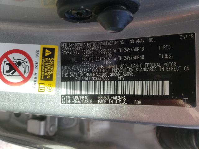 Photo 9 VIN: 5TDZZRFHXKS337080 - TOYOTA HIGHLANDER 