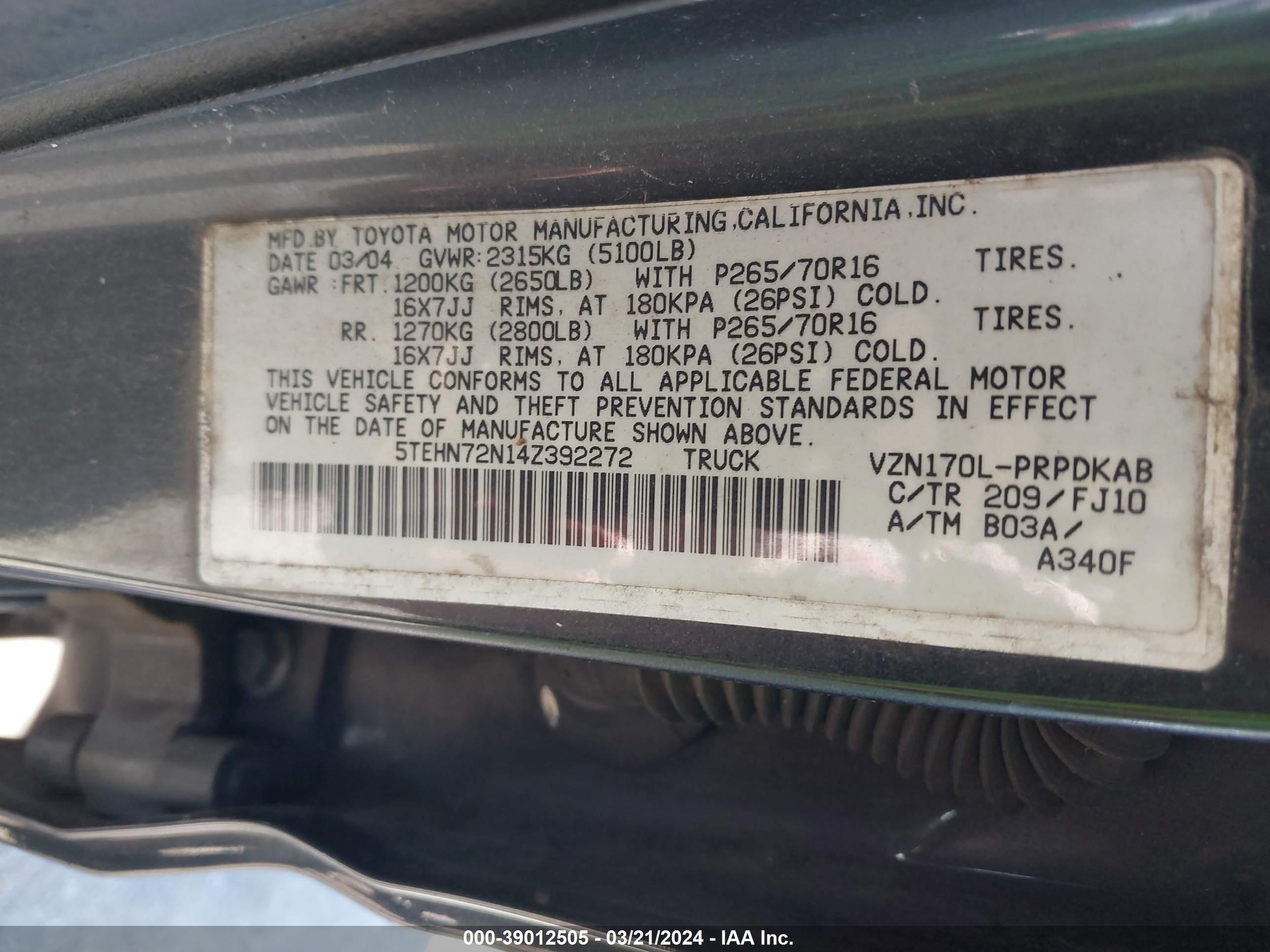 Photo 8 VIN: 5TEHN72N14Z392272 - TOYOTA TACOMA 