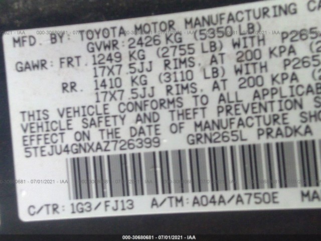 Photo 8 VIN: 5TEJU4GNXAZ726399 - TOYOTA TACOMA 