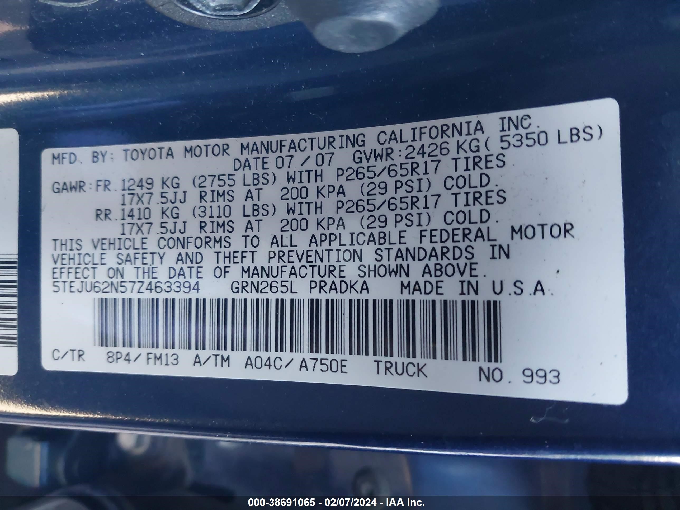 Photo 8 VIN: 5TEJU62N57Z463394 - TOYOTA TACOMA 