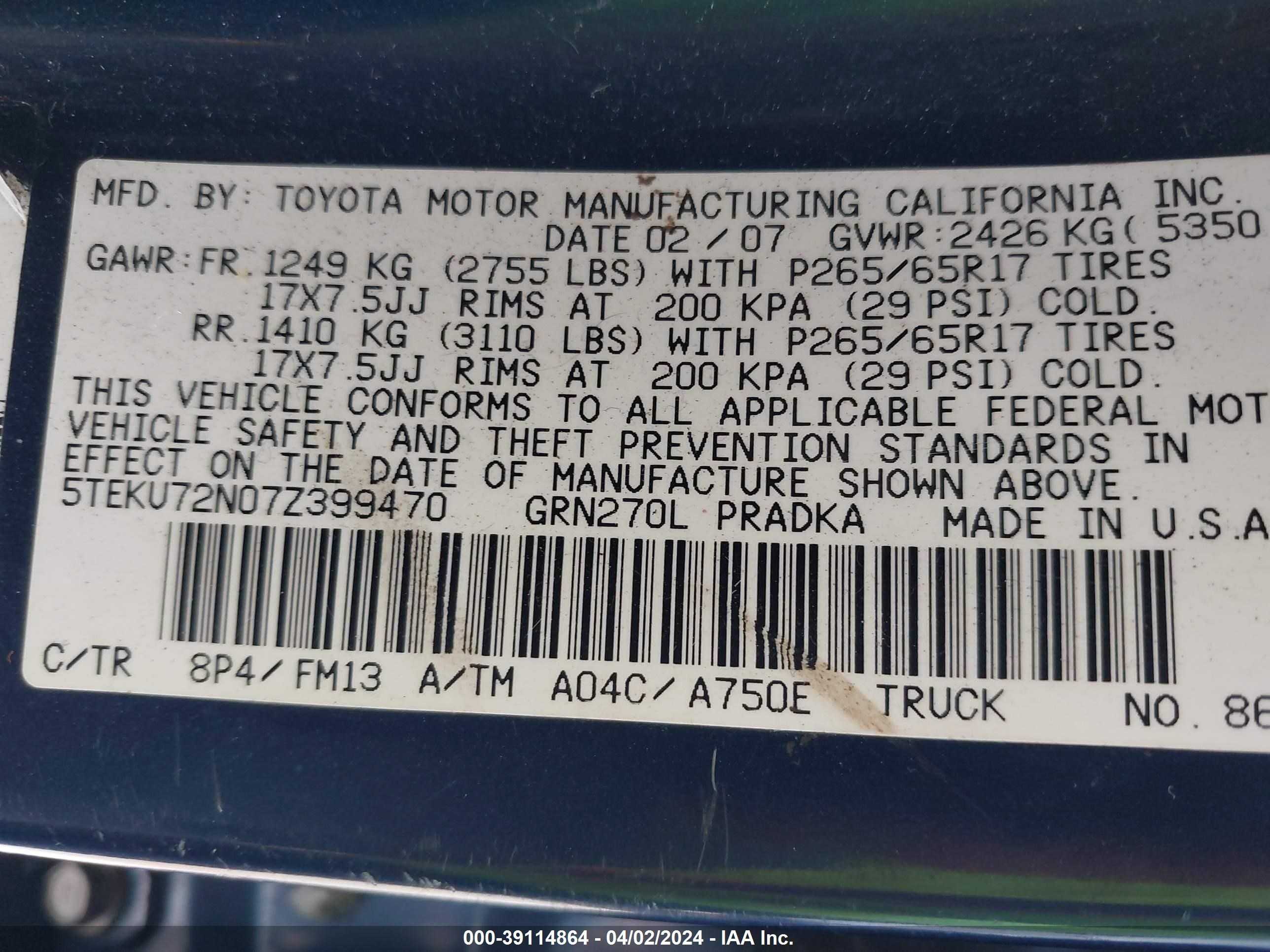 Photo 8 VIN: 5TEKU72N07Z399470 - TOYOTA TACOMA 