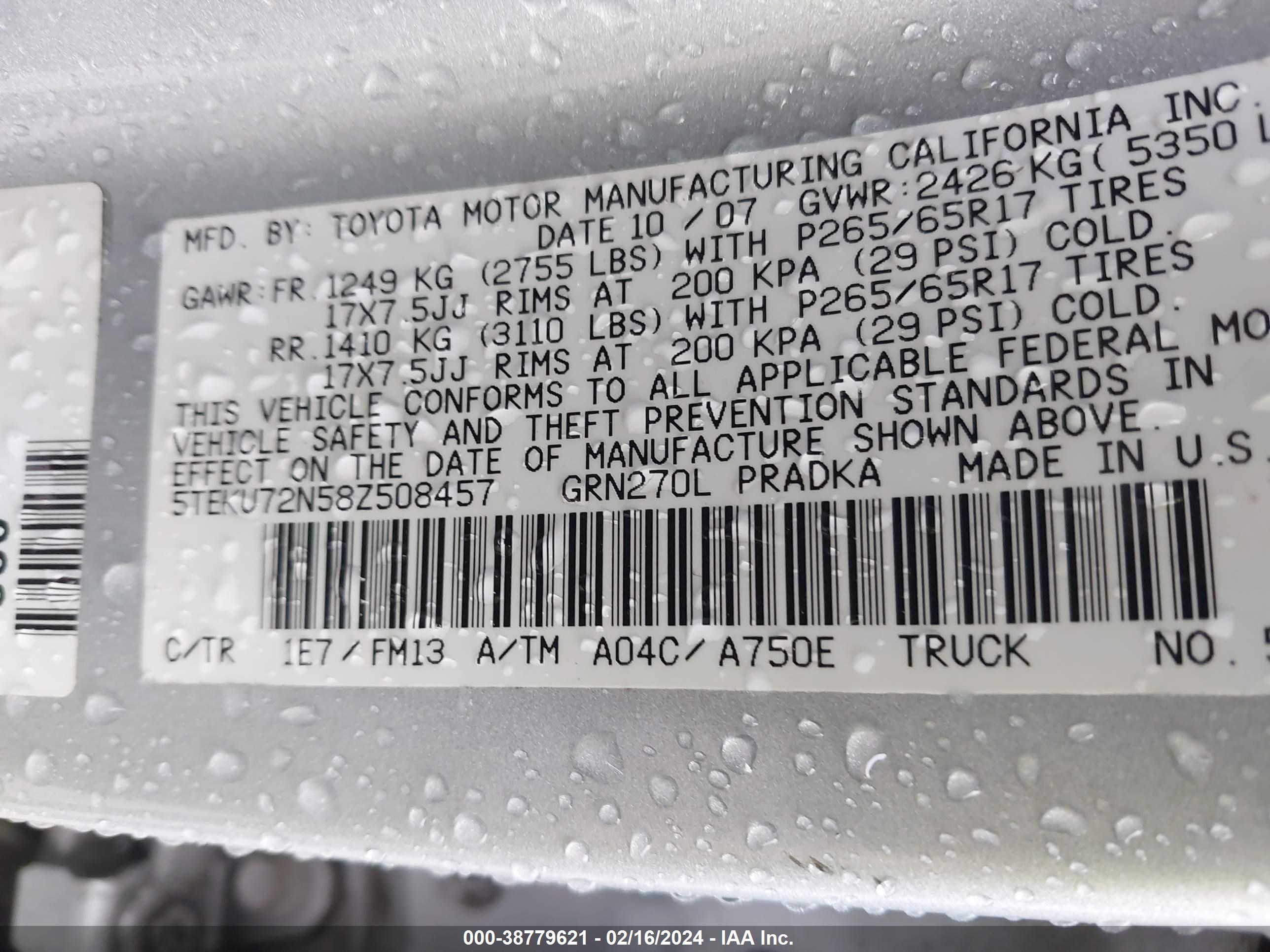 Photo 8 VIN: 5TEKU72N58Z508457 - TOYOTA TACOMA 