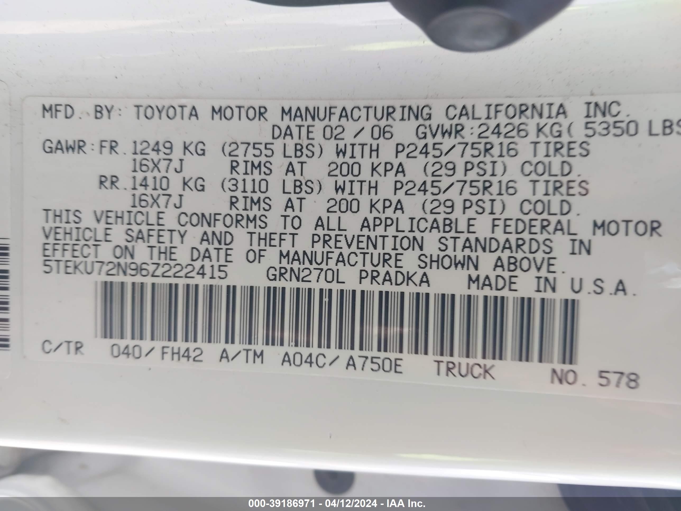 Photo 8 VIN: 5TEKU72N96Z222415 - TOYOTA TACOMA 