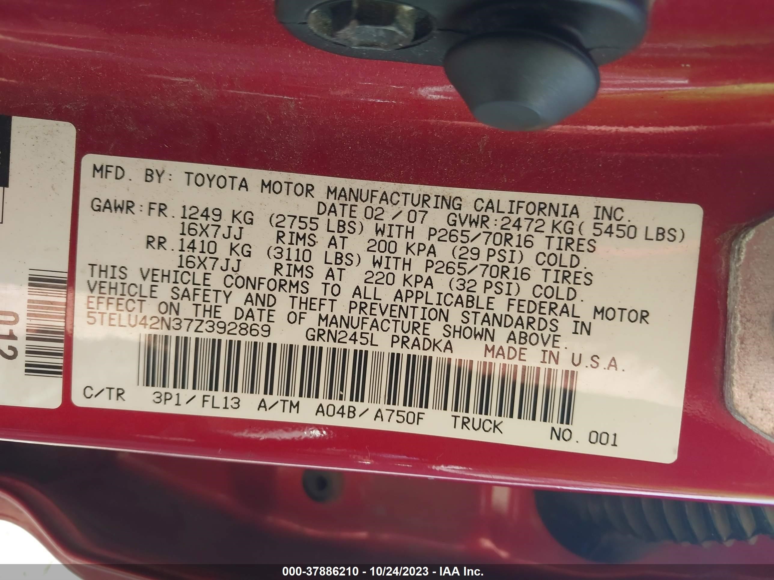 Photo 8 VIN: 5TELU42N37Z392869 - TOYOTA TACOMA 