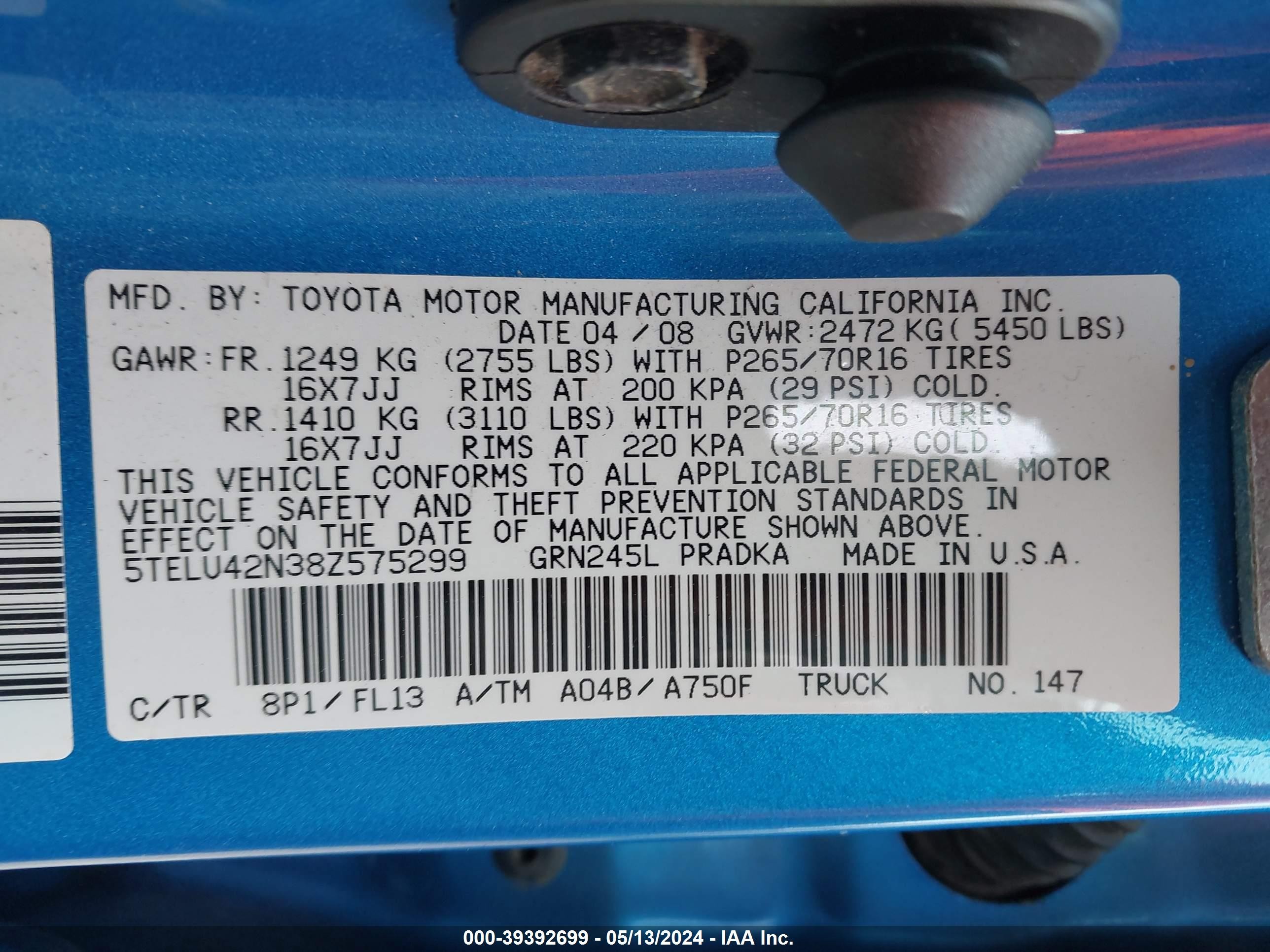 Photo 8 VIN: 5TELU42N38Z575299 - TOYOTA TACOMA 