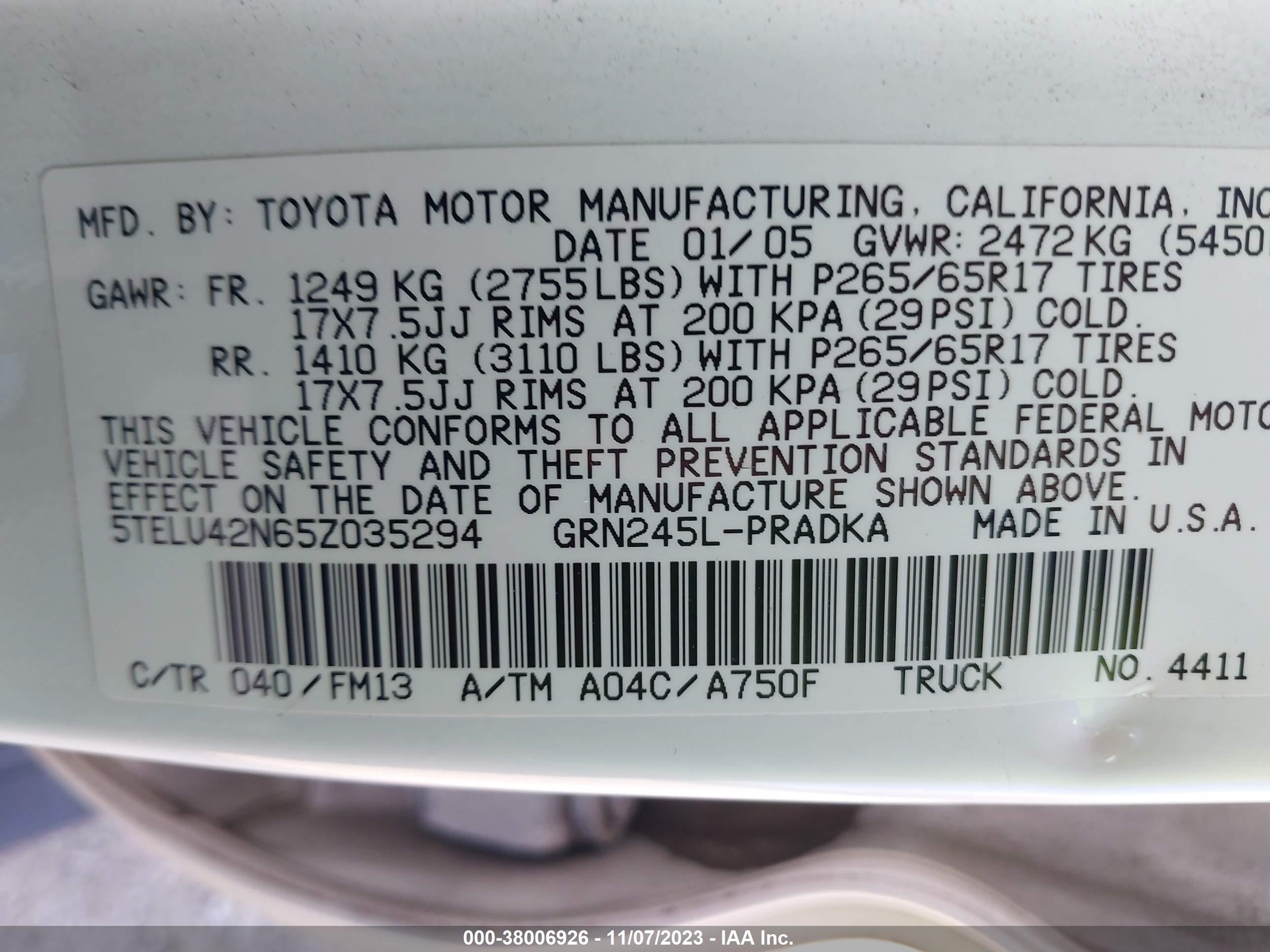 Photo 8 VIN: 5TELU42N65Z035294 - TOYOTA TACOMA 