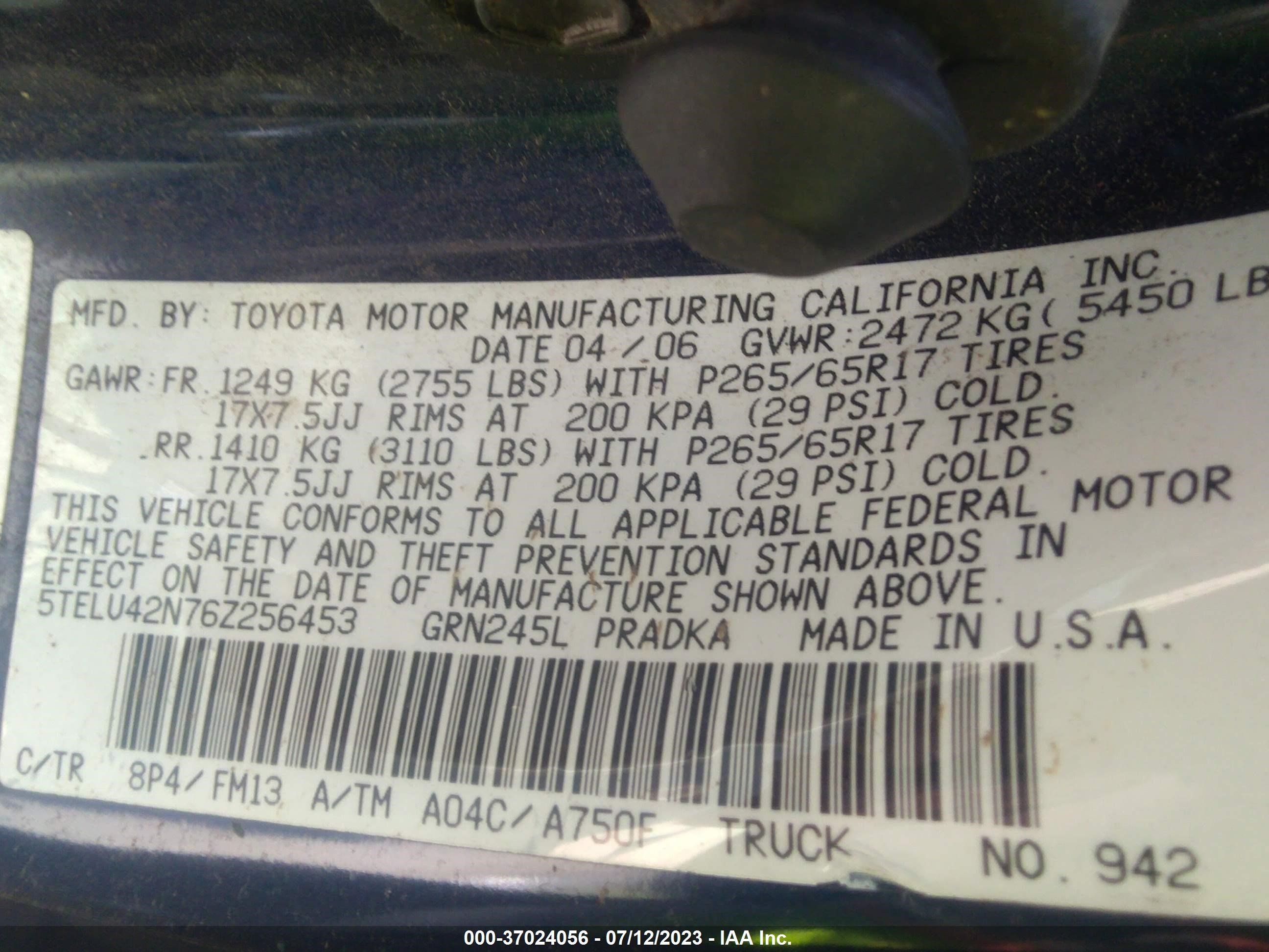 Photo 8 VIN: 5TELU42N76Z256453 - TOYOTA TACOMA 