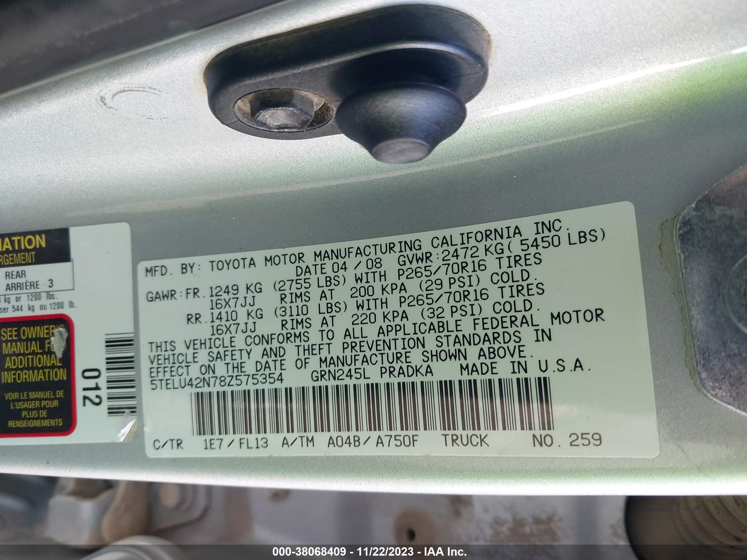 Photo 8 VIN: 5TELU42N78Z575354 - TOYOTA TACOMA 