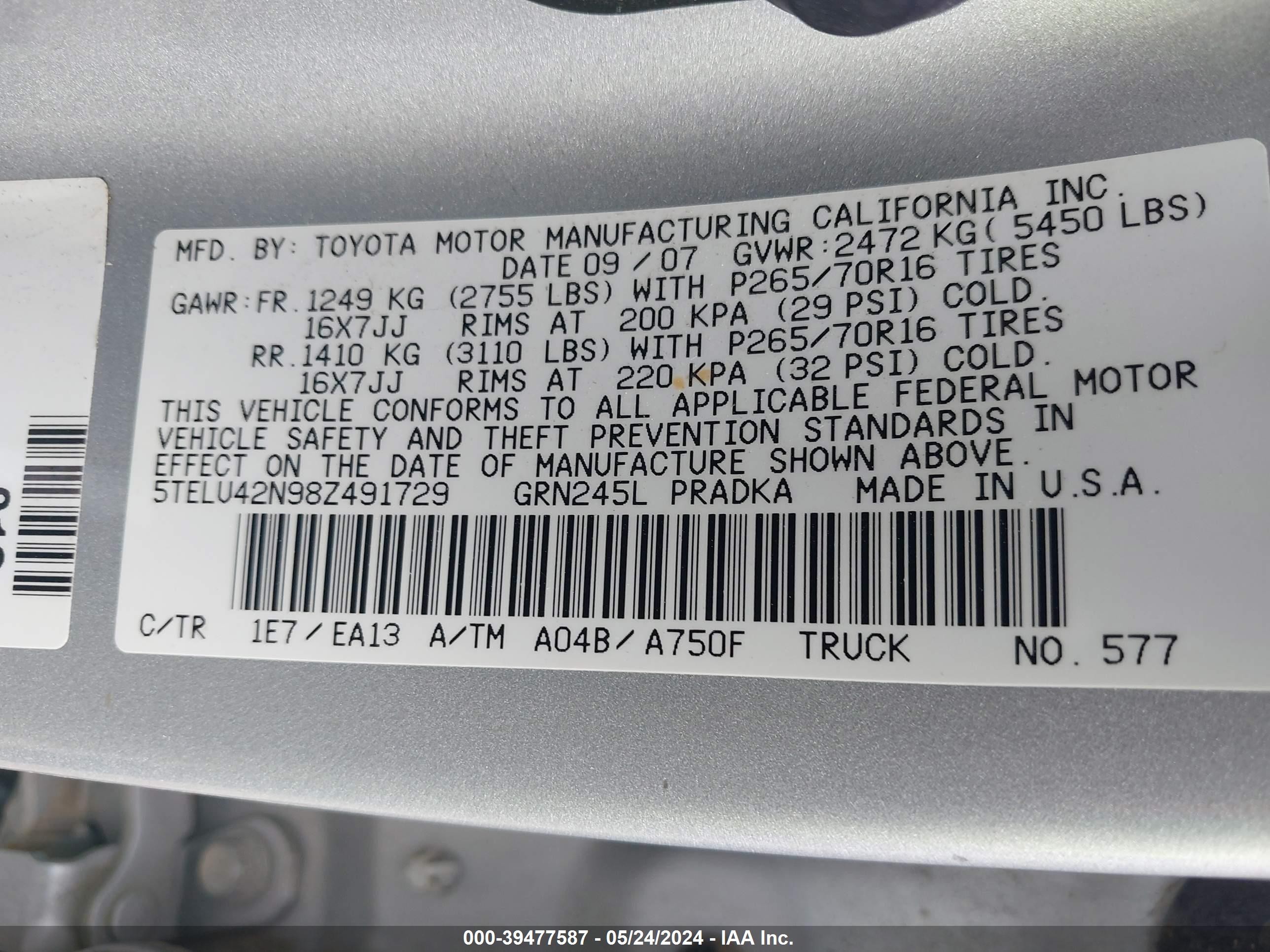 Photo 8 VIN: 5TELU42N98Z491729 - TOYOTA TACOMA 