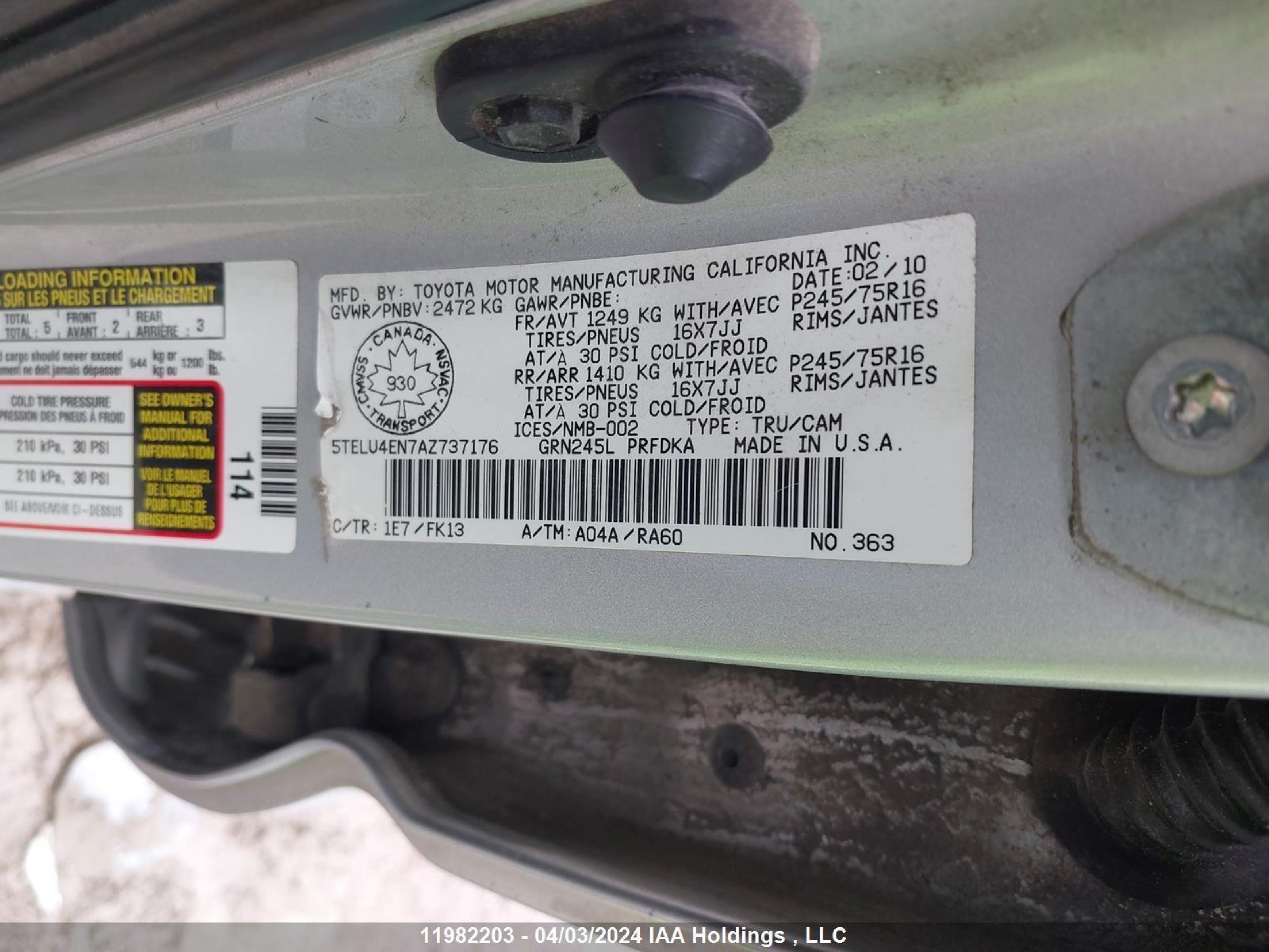 Photo 8 VIN: 5TELU4EN7AZ737176 - TOYOTA TACOMA 