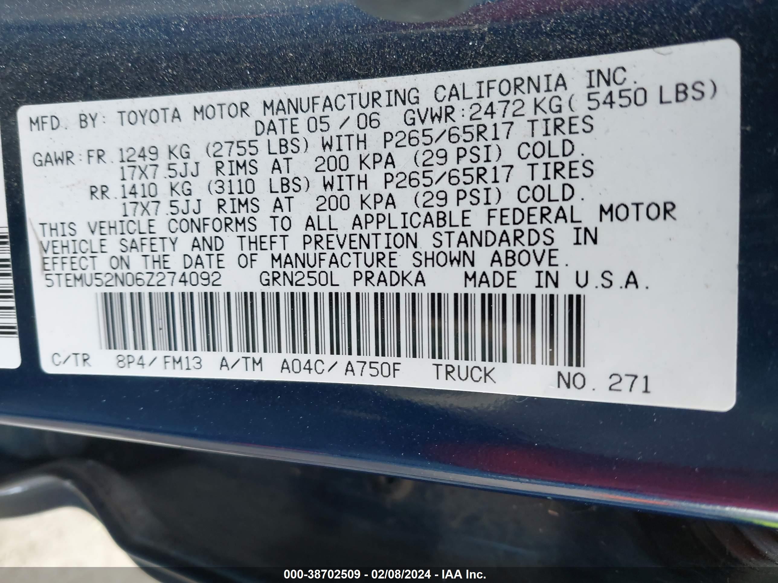 Photo 8 VIN: 5TEMU52N06Z274092 - TOYOTA TACOMA 