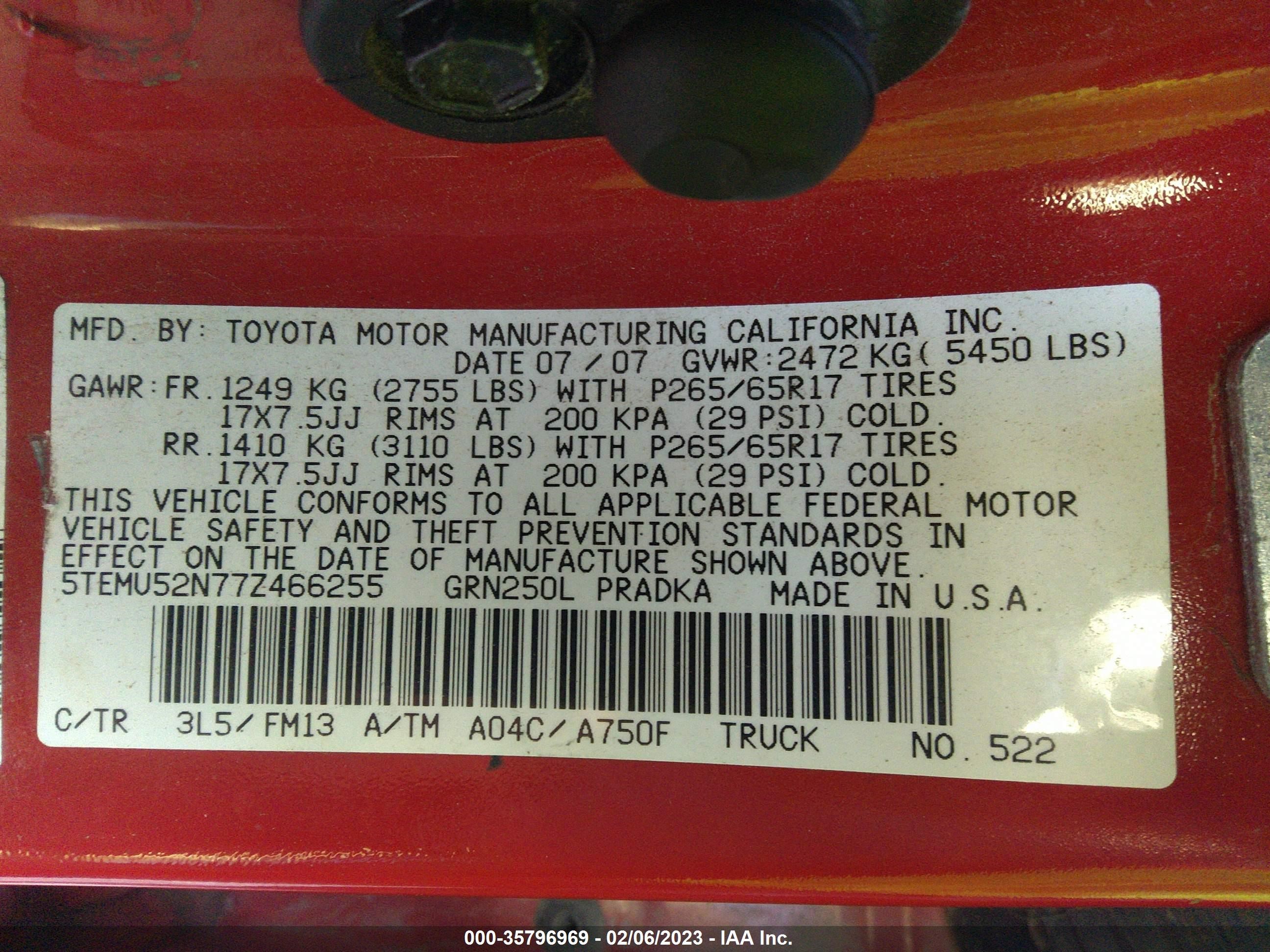 Photo 8 VIN: 5TEMU52N77Z466255 - TOYOTA TACOMA 