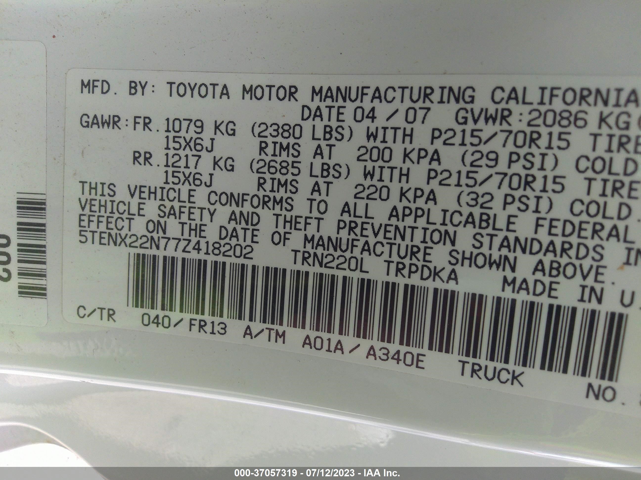 Photo 8 VIN: 5TENX22N77Z418202 - TOYOTA TACOMA 