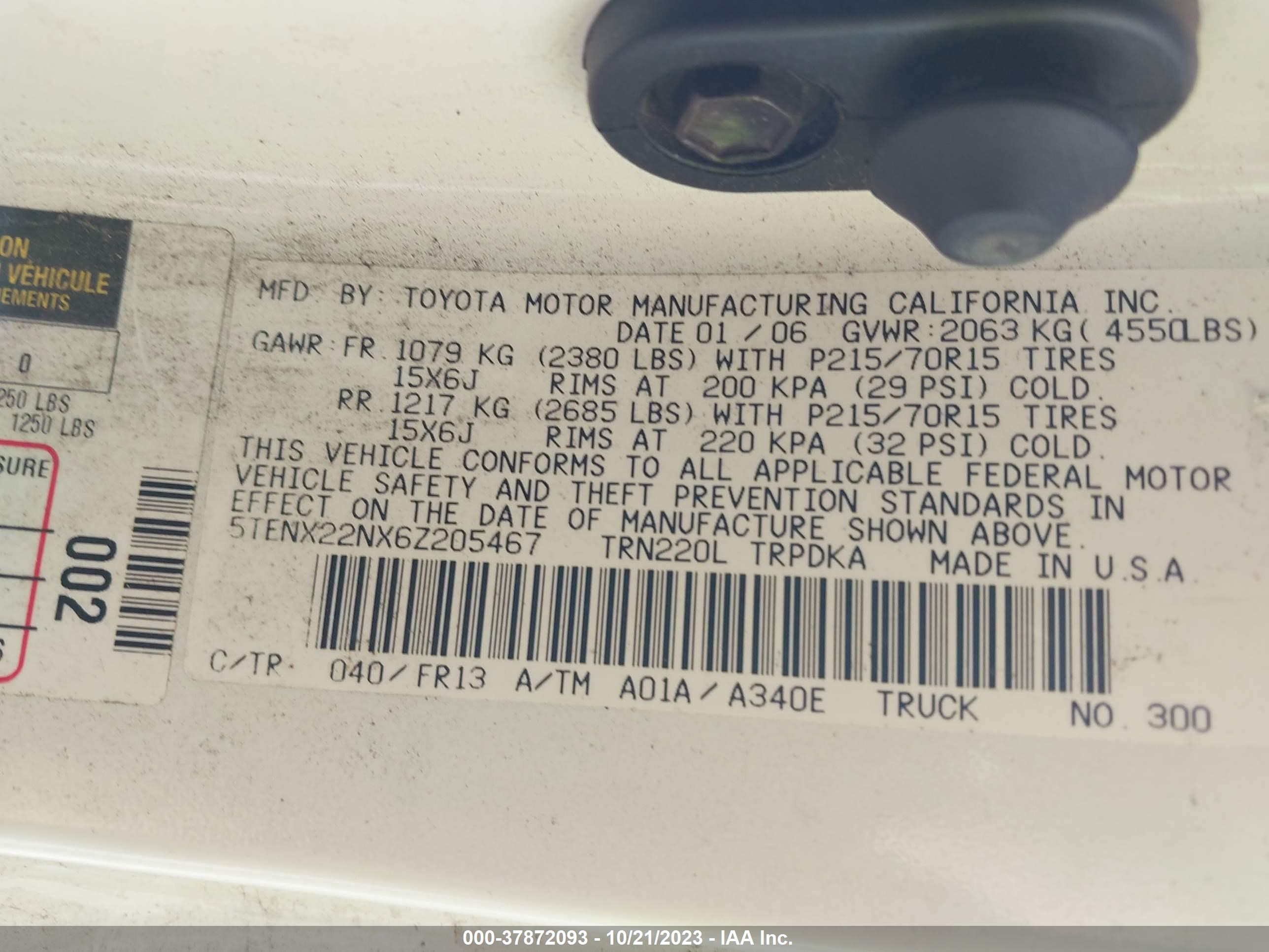 Photo 8 VIN: 5TENX22NX6Z205467 - TOYOTA TACOMA 