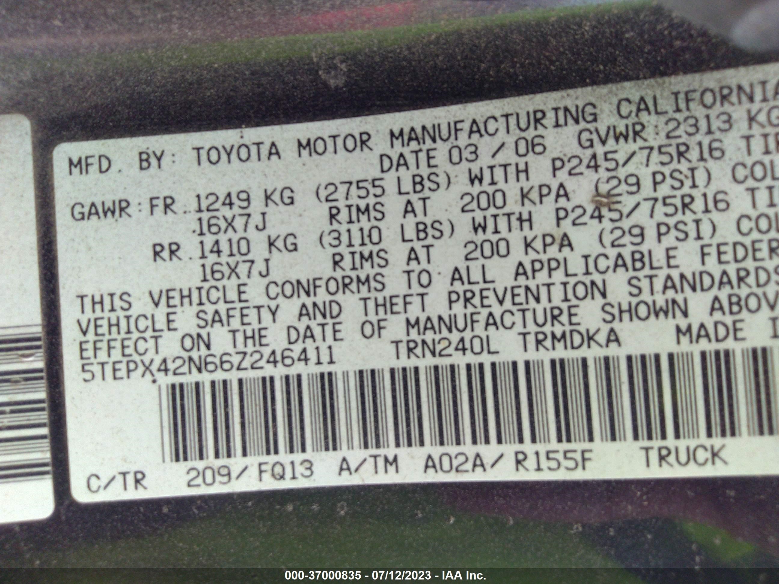 Photo 8 VIN: 5TEPX42N66Z246411 - TOYOTA TACOMA 