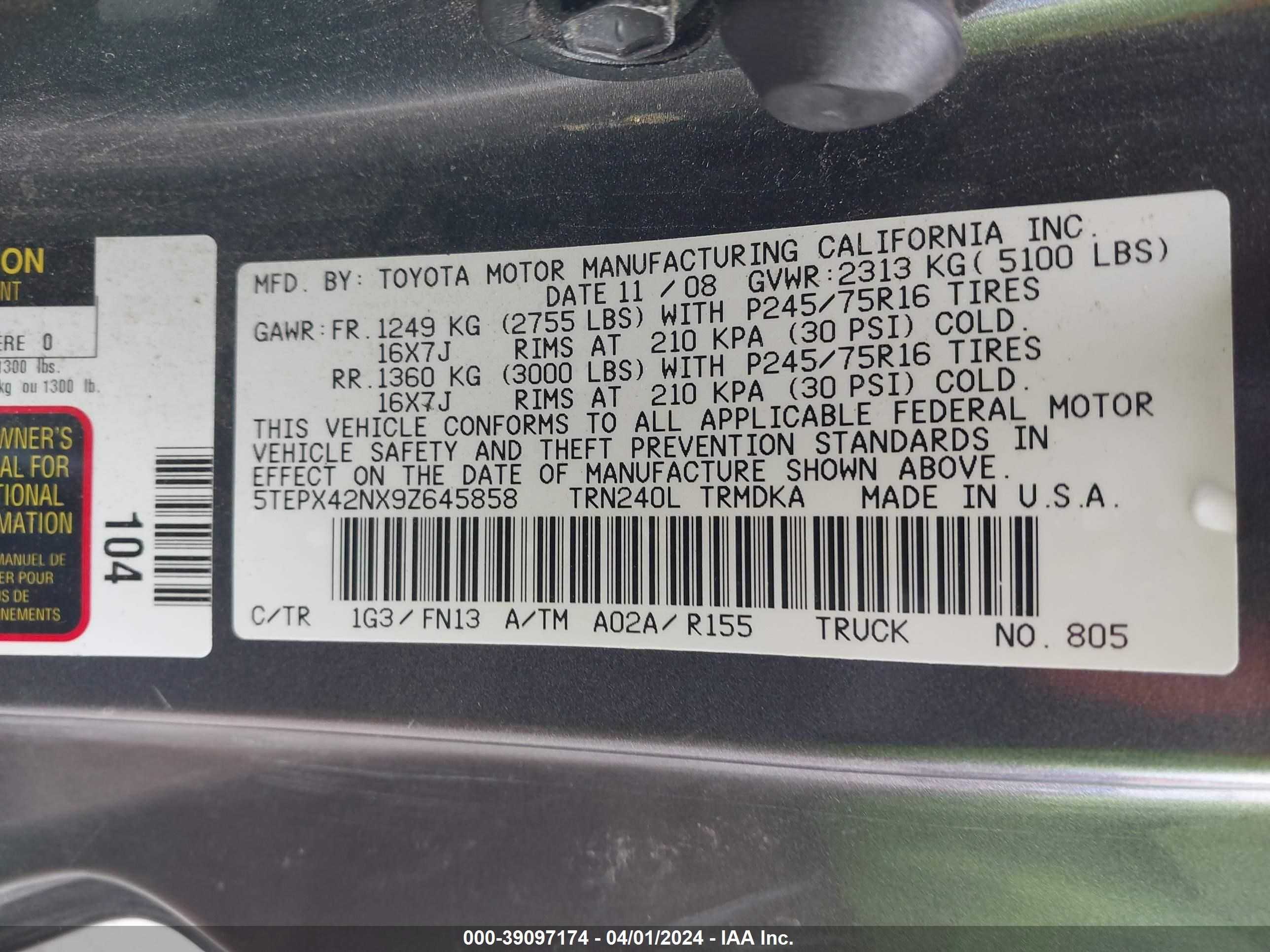 Photo 9 VIN: 5TEPX42NX9Z645858 - TOYOTA TACOMA 