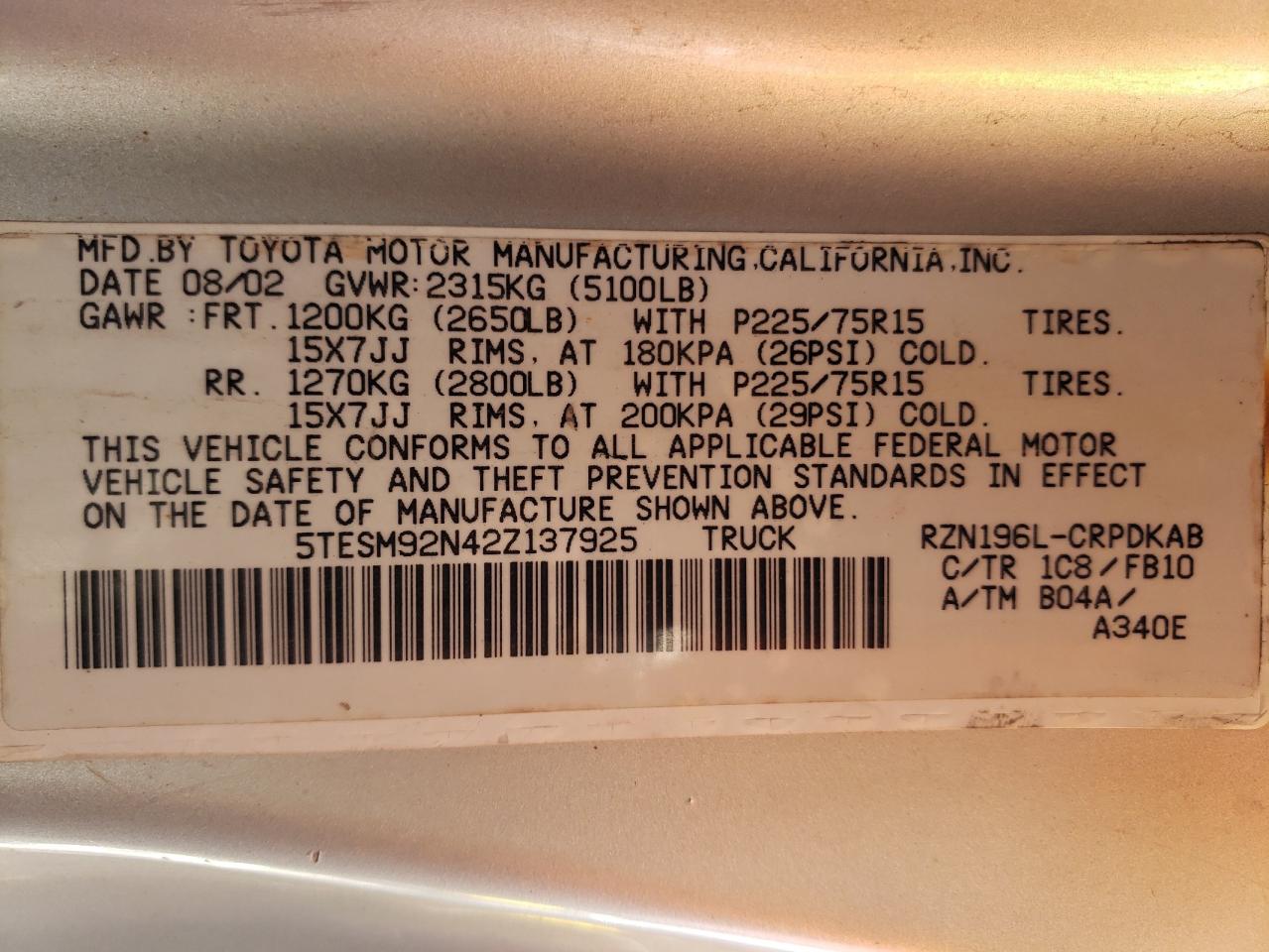 Photo 12 VIN: 5TESM92N42Z137925 - TOYOTA TACOMA 