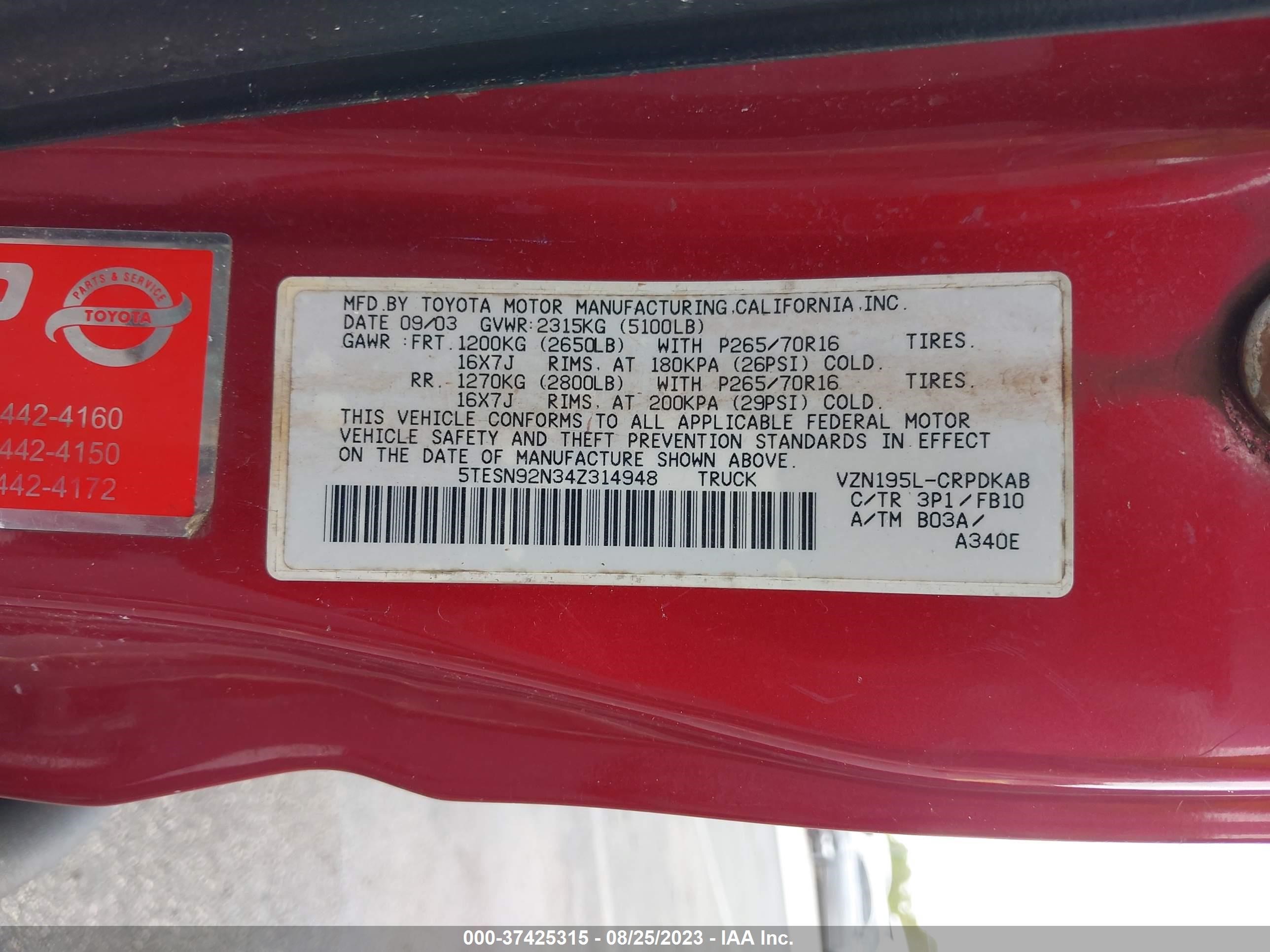 Photo 8 VIN: 5TESN92N34Z314948 - TOYOTA TACOMA 