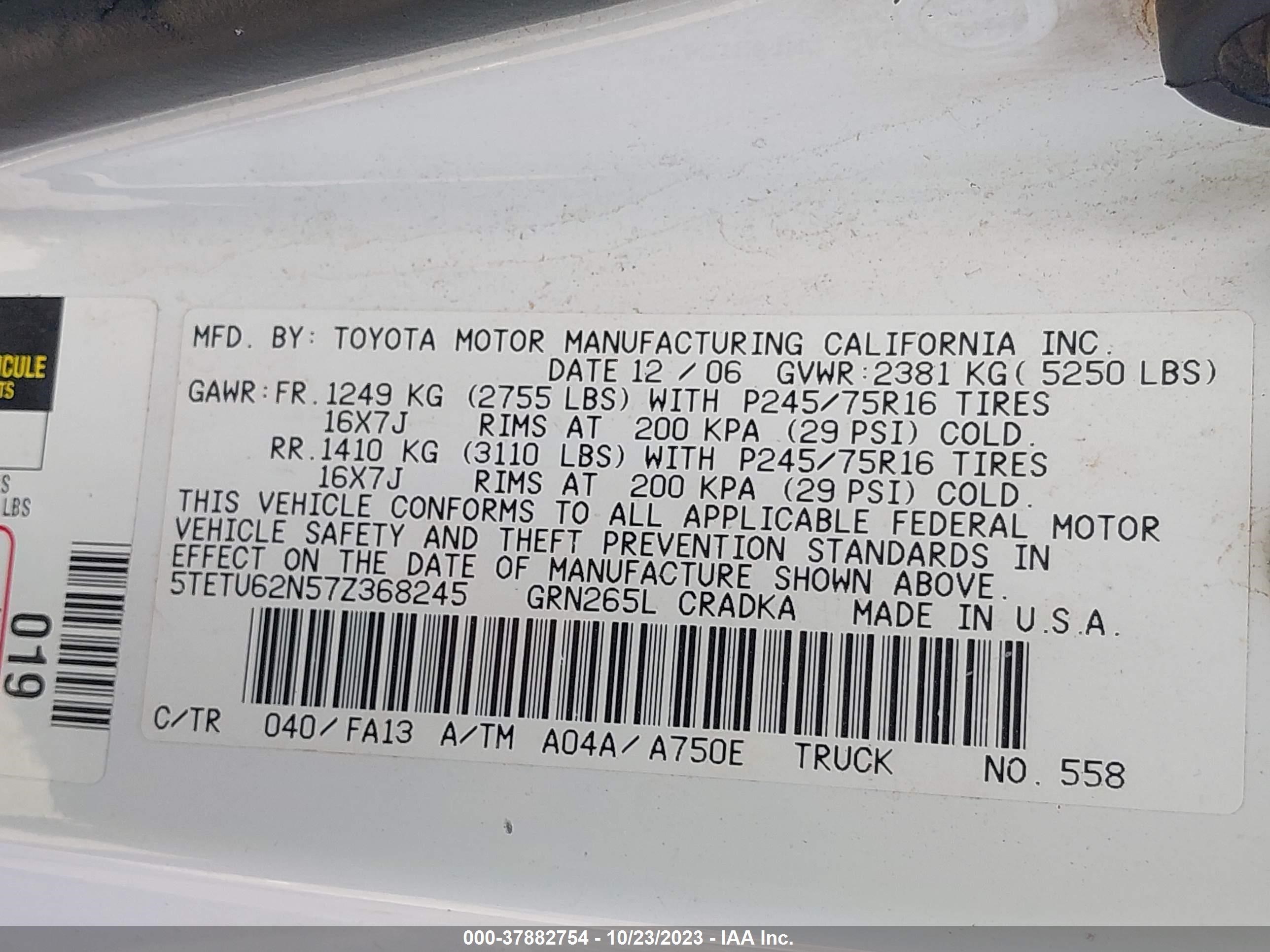 Photo 8 VIN: 5TETU62N57Z368245 - TOYOTA TACOMA 