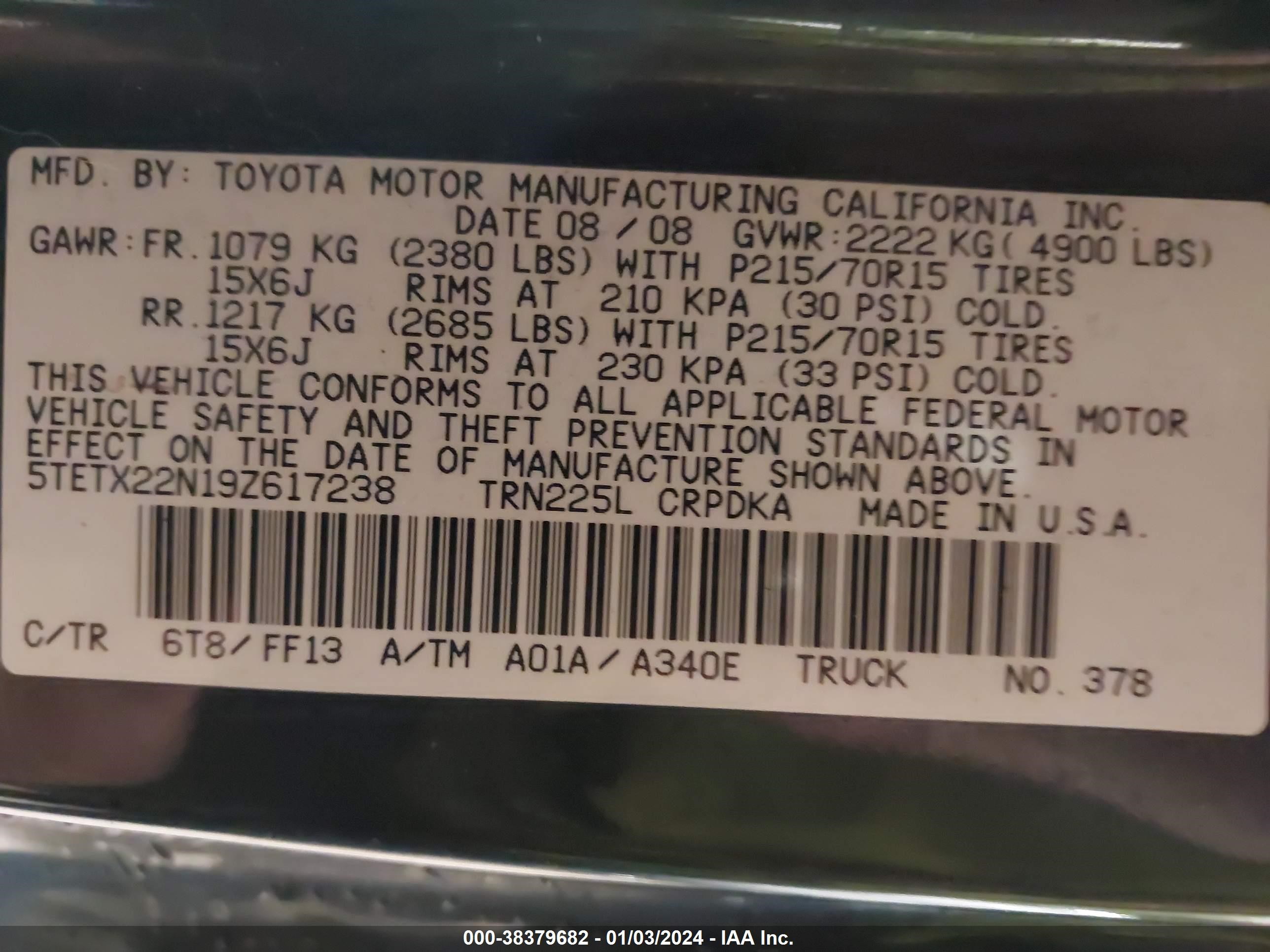 Photo 8 VIN: 5TETX22N19Z617238 - TOYOTA TACOMA 