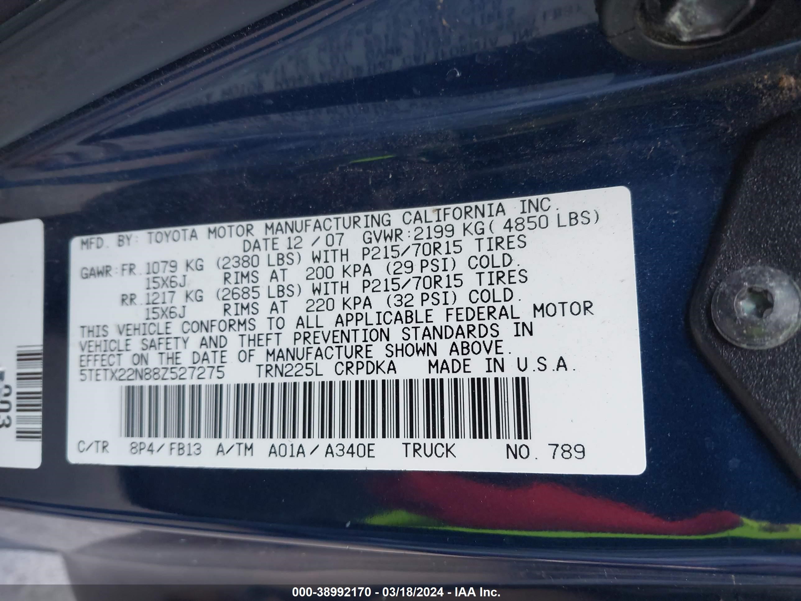 Photo 8 VIN: 5TETX22N88Z527275 - TOYOTA TACOMA 