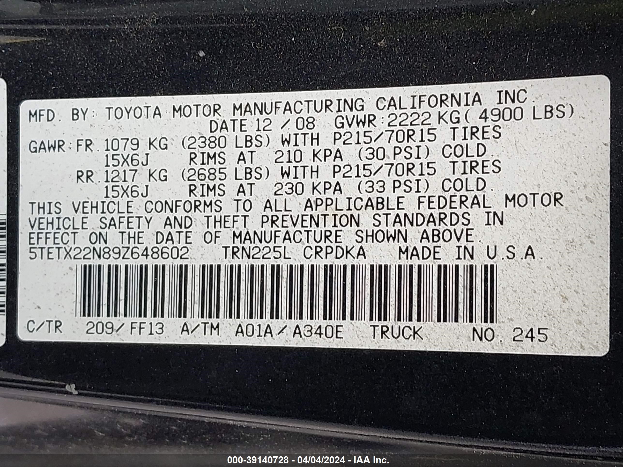 Photo 8 VIN: 5TETX22N89Z648602 - TOYOTA TACOMA 