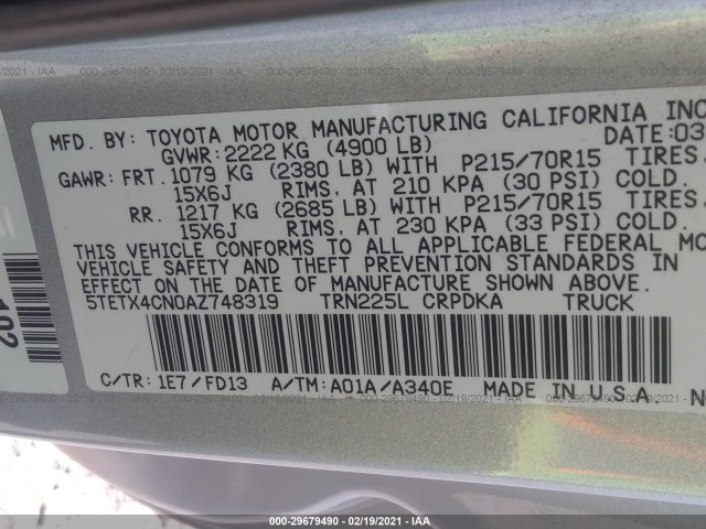 Photo 8 VIN: 5TETX4CN0AZ748319 - TOYOTA TACOMA 