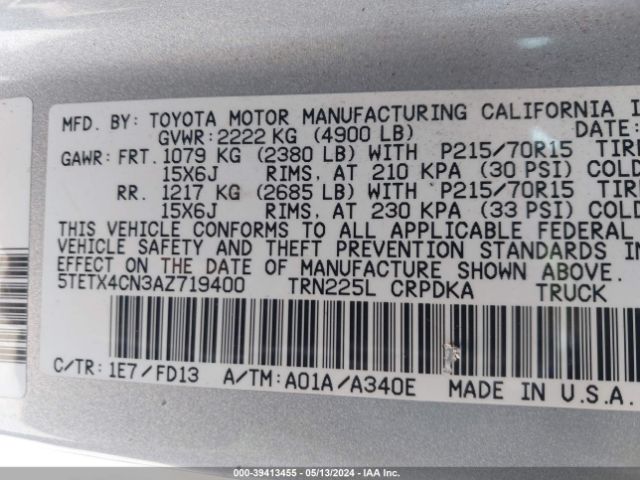 Photo 8 VIN: 5TETX4CN3AZ719400 - TOYOTA TACOMA 