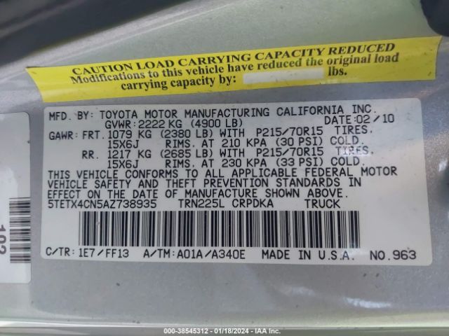 Photo 8 VIN: 5TETX4CN5AZ738935 - TOYOTA TACOMA 