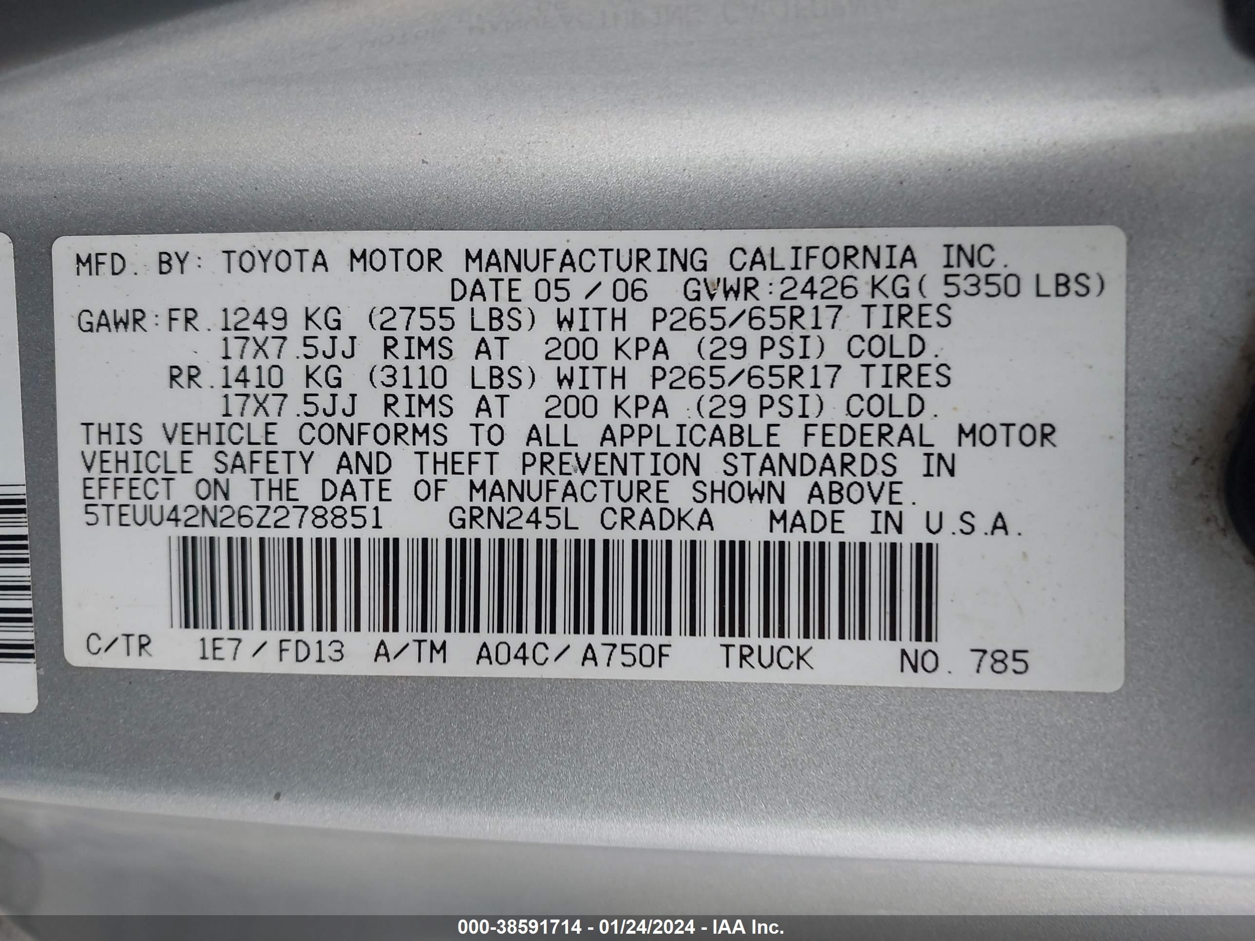 Photo 8 VIN: 5TEUU42N26Z278851 - TOYOTA TACOMA 