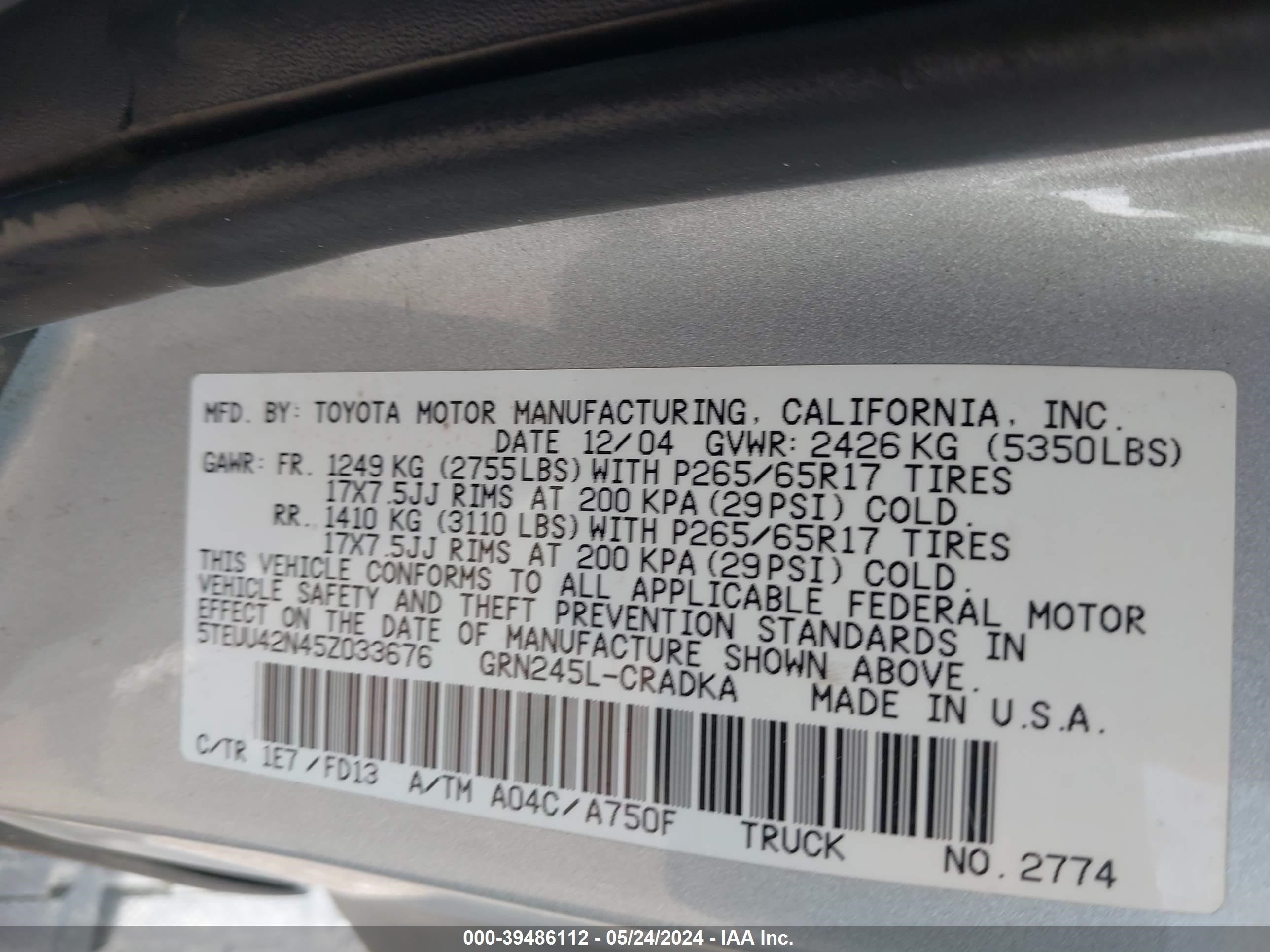 Photo 8 VIN: 5TEUU42N45Z033676 - TOYOTA TACOMA 