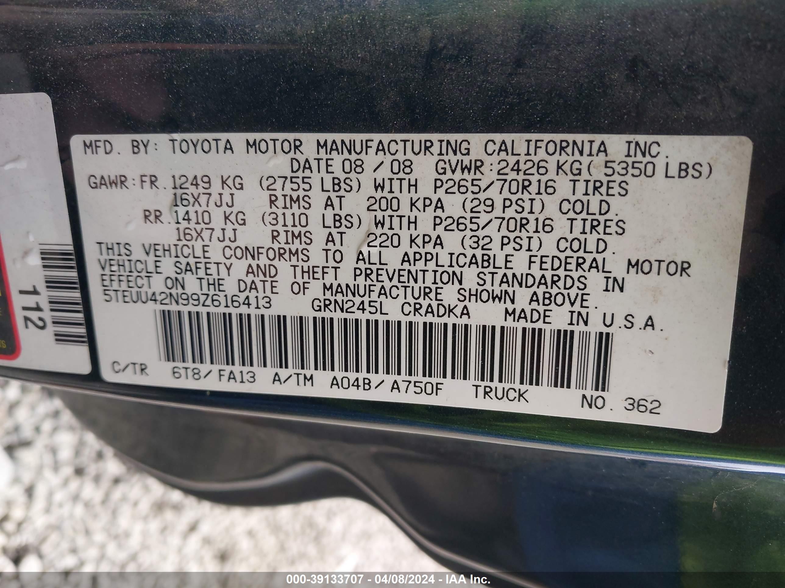 Photo 8 VIN: 5TEUU42N99Z616413 - TOYOTA TACOMA 