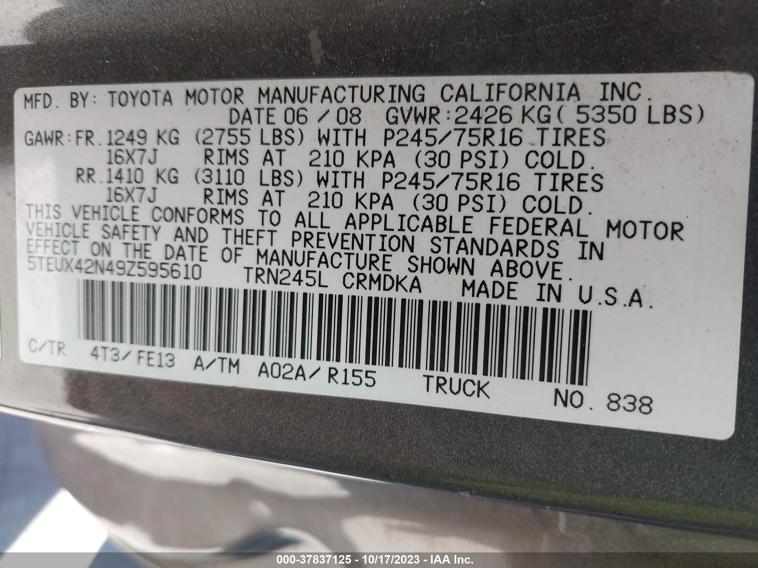 Photo 8 VIN: 5TEUX42N49Z595610 - TOYOTA TACOMA 