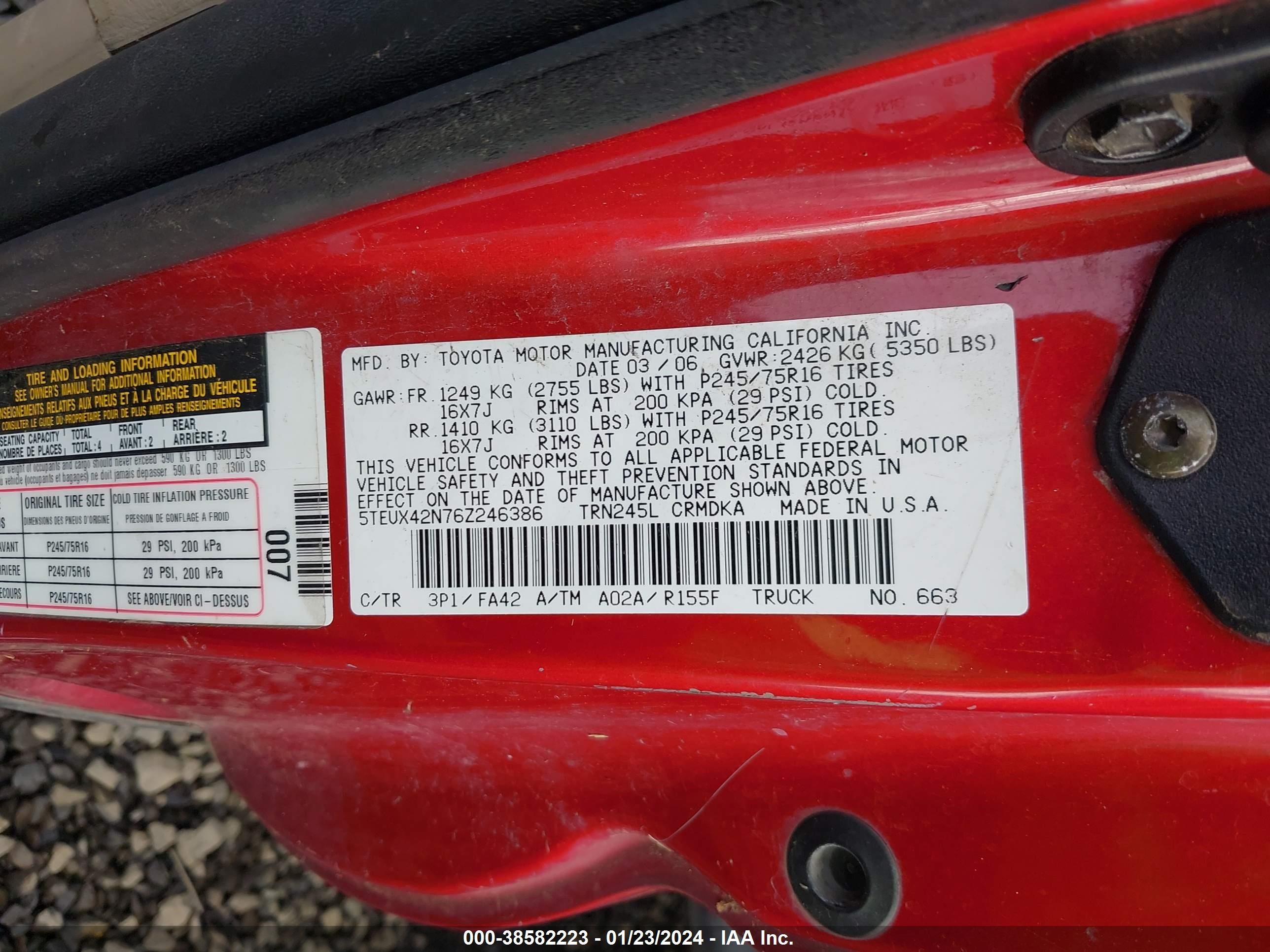 Photo 8 VIN: 5TEUX42N76Z246386 - TOYOTA TACOMA 