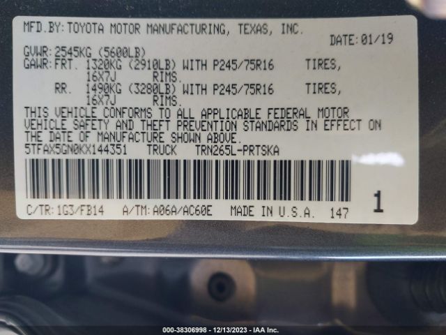 Photo 8 VIN: 5TFAX5GN0KX144351 - TOYOTA TACOMA 