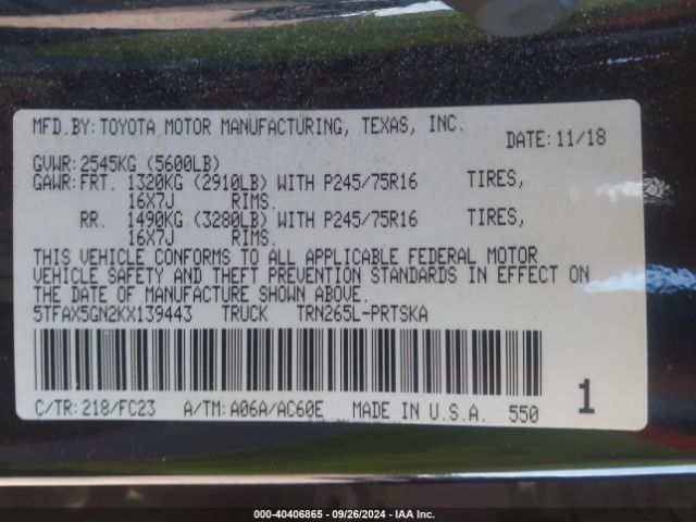 Photo 8 VIN: 5TFAX5GN2KX139443 - TOYOTA TACOMA 