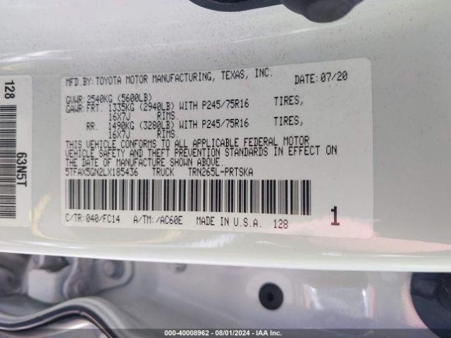 Photo 8 VIN: 5TFAX5GN2LX185436 - TOYOTA TACOMA 