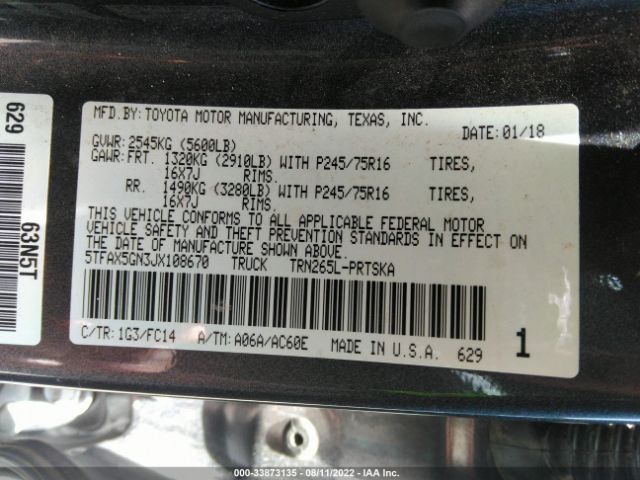 Photo 8 VIN: 5TFAX5GN3JX108670 - TOYOTA TACOMA 