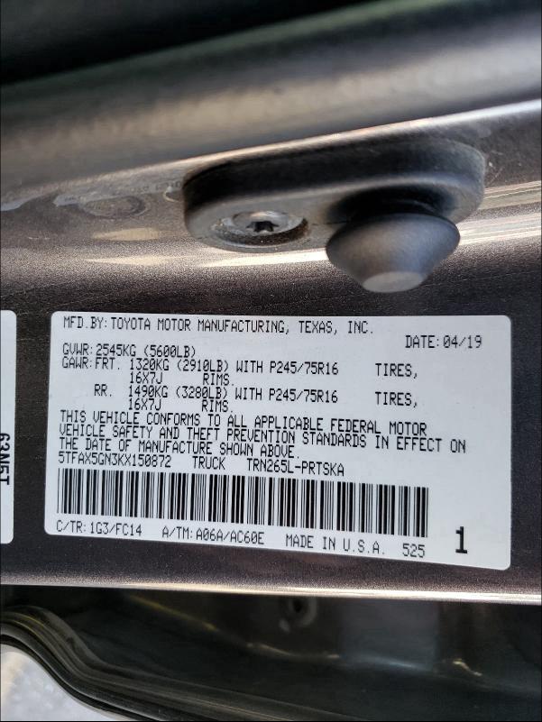 Photo 9 VIN: 5TFAX5GN3KX150872 - TOYOTA TACOMA DOU 