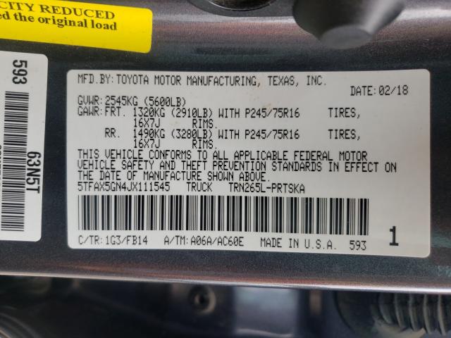 Photo 9 VIN: 5TFAX5GN4JX111545 - TOYOTA TACOMA DOU 