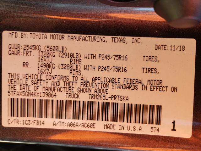 Photo 9 VIN: 5TFAX5GN4KX139864 - TOYOTA TACOMA DOU 