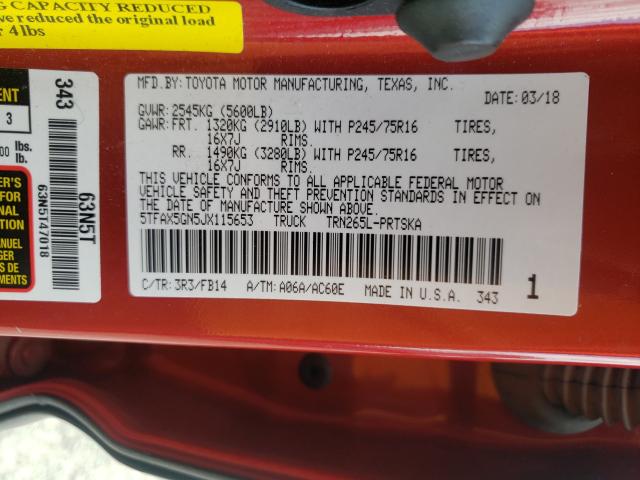 Photo 9 VIN: 5TFAX5GN5JX115653 - TOYOTA TACOMA DOU 