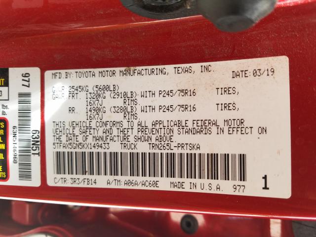 Photo 9 VIN: 5TFAX5GN5KX149433 - TOYOTA TACOMA 2WD 