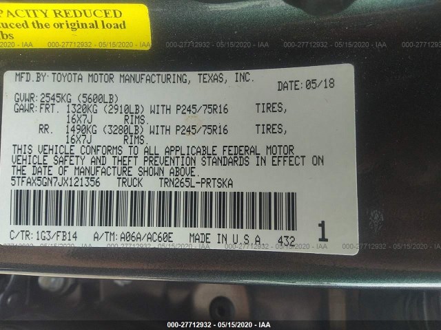 Photo 8 VIN: 5TFAX5GN7JX121356 - TOYOTA TACOMA 