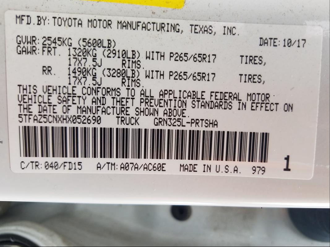 Photo 9 VIN: 5TFAZ5CNXHX052690 - TOYOTA TACOMA DOU 